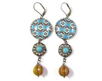 The Diva Collection OOAK Statement Jewelry Southwestern Patterned Earrings with Turquoise Glass Cabs and Goldenrod Pumpkin Czech Beads