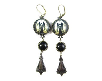 Dark Academia Collection Avenging Angel Gothic Filigree Dagger Earrings w/Smooth-Domed Onyx black Czech Glass Cabochons & Black Brass Drops