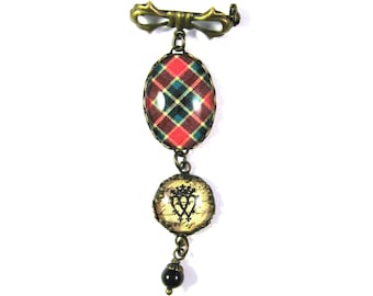 Irish Tartan Jewelry MacLachlan Clan Tartan Sweet Bow Brooch w/Luckenbooth Charm & Mystic Black Swarovski Crystal Pearl