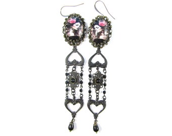 Dark Academia Collection  Earrings w/Faceted Black Glass Miss Havisham Black Brass Chandelier Earrings with Black Czech Glass Gems