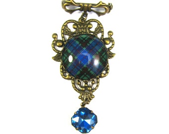 Scottish Tartan Jewelry Adams Clan Tartan Sweet Bow Brooch w/12x12mm Square Sapphire Blue Czech Glass Gem