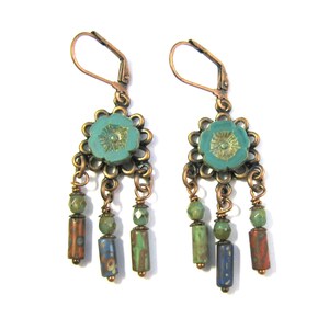 Pendientes bohemios de cristal checo color turquesa con forma de flor: Colgante de cobre.
