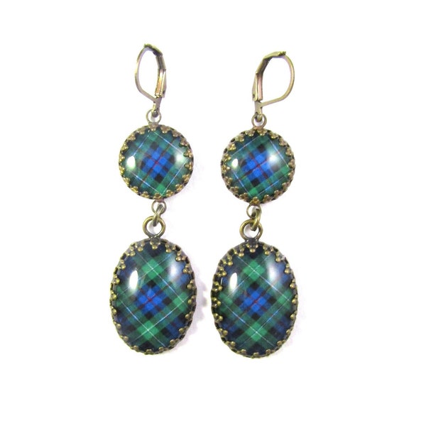 Scottish Tartan Jewelry MacKenzie Ancient Tartan Earrings Double Cabochon