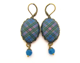 Scottish Tartan Jewelry Isle of Man Tartan Earrings with Caribbean Swarovski Crystal Beads