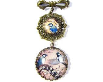 Sakura Spring Collection - Blue Birds on Cherry Tree Branches Filigree Fob Sweet Bow Brooch