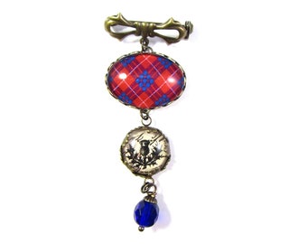 Scottish Tartan Jewelry Hamilton Clan Tartan Sweet Bow Brooch w/Thistle Charm & Cobalt Blue Presciosa Crystal Bead