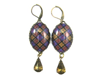 Scottish Tartan Jewelry Tartan Earrings Culloden Commemorative Tartan Earrings w/Butterscotch Czech Glass Crystal Teardrop Gems