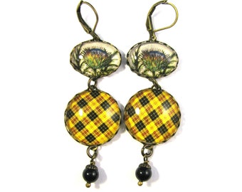 Scottish Tartan Jewelry Tartan Earrings MacLeod of Lewis Tartan Earrings w/Thistle Charms & Mystic Black Swarovski Crystal Pearls