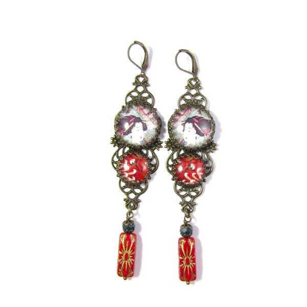 The Diva Collection Asian Geisha Earrings with Chrysanthemum Cabs Teal Rondelle Beads and Red Gold Wash Floral Czech Brick Beads