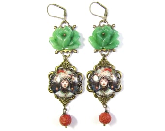 The Diva Collection Belle Epoch Elaborate Elegant Asian Beauty Earrings with carved Jade Roses and Carved Coral Beads