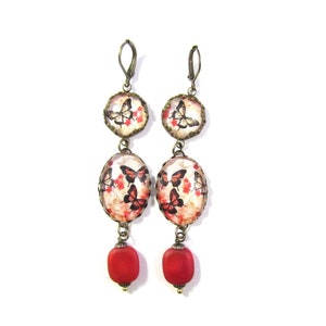 Here Come the Butterflies Scarlet Red Black Cream and Gold Butterfly Earrings with Red Glass Czech Glass Lozenge Beads image 4