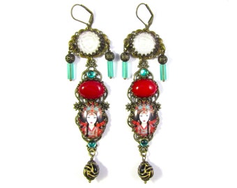 The Diva Collection Asian Princess Earrings w/Molded White Black Gold Acrylic Beads Emerald Glass Cabs & Tube Beads Vintage Cherry Red Cabs