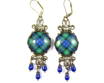 Scottish and Irish Tartan Jewelry Tartan Earrings MacKenzie Ancient Clan Tartan Filigree Earrings w/Cobalt Blue Czech Glass Teardrop Beads
