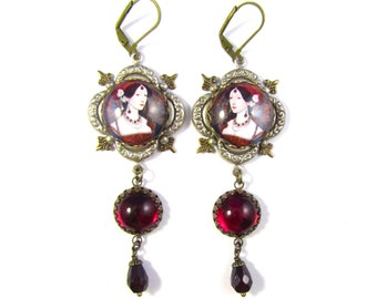 Women in History Queen Anne Boleyn Tudor Mixed Metal Filigree Statement Quatre Foil Earrings w/Garnet Czech Glass Cabs & Teardrop Beads