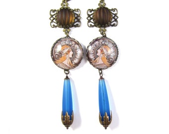 The Diva Collection - OOAK Statement Jewelry Mucha 1896 Zodiac Earrings w/Vintage Smoky Topaz Givre Glass and Pacific Blue Sea Glass Charms