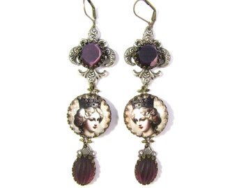 Marie Antoinette Fleur De Lis Earrings w/Vintage Amethyst Fluted Givre Glass Cabochons & Lavender Amethyst Cats Eye Cabs