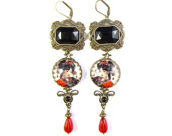 The Diva Collection Asian Geisha Ornate Filigree Earrings Scarlet and Black w/Black Resin Cabs and Red/Gold Czech Teardrop Beads