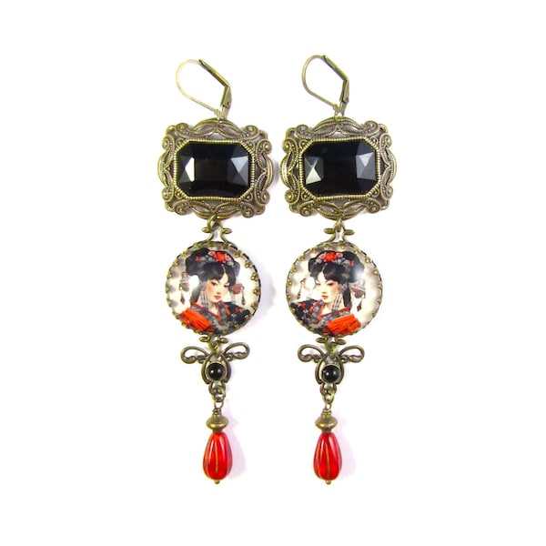 The Diva Collection Asian Geisha Ornate Filigree Earrings Scarlet and Black w/Black Resin Cabs and Red/Gold Czech Teardrop Beads