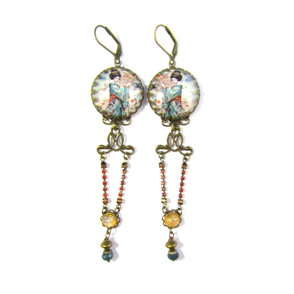 Teal and Scarlet Red Geisha Earrings with Padparadsche Rhinestone Cup Chain Gold Opal Cabs Tiny Brass Lanterns & Teal Czech Glass Beads