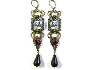 The Diva Collection Asian Empress Teal Crimson and Black Statement Earrings