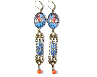 Women in History Boadicea Victorious Cascade Earrings w/Cornflower Blue Gold Czech Floral Brick Beads and Coral Faceted Czech Rondelles