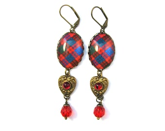 Scottish Tartan Jewelry Tartan Ross Clan Tartan Earrings w/Embossed Heart Charms & Scarlet Red Czech Glass Crystals