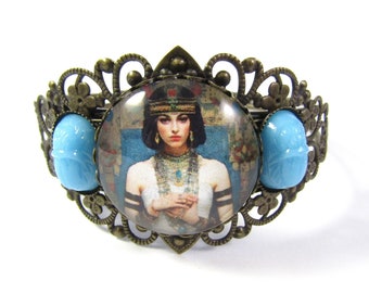 Women in History Cleopatra Split Cuff Filigree Bracelet with Vintage Sky Blue Molded Czech Glass Scarab Cabochons