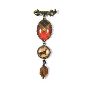 Scottish Tartan Jewelry Buchanan Weathered Old Sett Tartan Sweet Bow Brooch w/Victorian Stag Charm & Topaz Swarovski Crystal Component