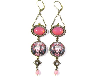 Antique French Art Fantasy Concept Femme Earrings w/Crystal Rhinestone Cup Chain Vintage Cherry Brand Rose Pink Opal Cab & Teardrop Beads