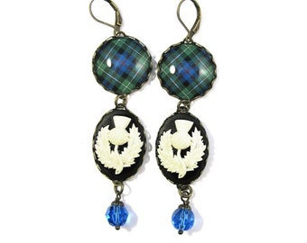 Scottish and Irish Tartan Jewelry Tartan Earrings MacKenzie Clan Tartan Thistle Cameo Earrings w/Sapphire Presciosa Crystal Beads
