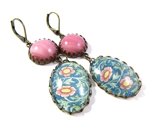 Retro Florals Collection - Aqua Floral Earrings with Striated Cotton Candy Pink Glass Cabs
