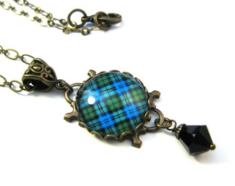 Scottish Tartan Jewelry Tartan Necklace Campbell Clan Tartan Filigree Necklace with Onyx Black Czech Crystal Bell Bead