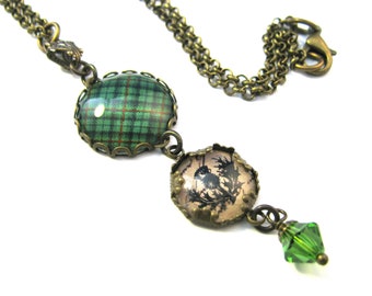 Scottish Tartan Jewelry Urquhart Clan Necklace with Thistle Charm and Spring Green Swarovski Czech Crystal Bead