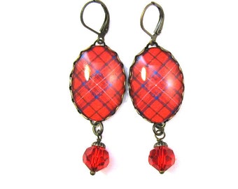 Scottish Tartan Jewelry Tartan Earrings Rose Clan Tartan Earrings w/Light Siam Red Swarovski Crystal Beads