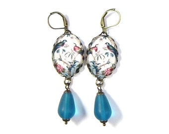 Chinoiserie Collection Parrots Ombre Earrings with Matte Peacock Blue Recycled Glass Teardrop Beads