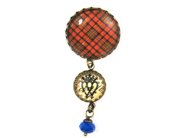 Scottish Tartan Jewelry Tartan Brooch Hepburn Tartan Brooch w/Luckenbooth Charm and Cobalt Blue Czech Glass Rondelle