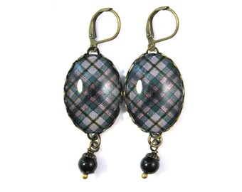 Scottish Tartan Jewelry Tartan Earrings Craig Clan Tartan Earrings with Mystic Black Swarovski Crystal Pearls