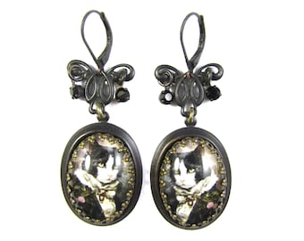 Dark Academia Collection The Duke of Tuxedo Earrings with Black Rhinestone Drops and Black Brass Components