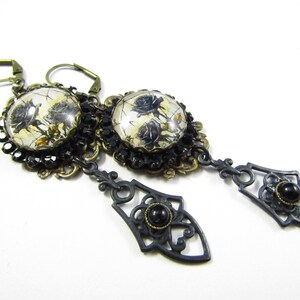 Dark Academia Collection Black Roses Stained Glass Earrings w/Black Rhinestone Bezels and Black Brass Connectors image 3