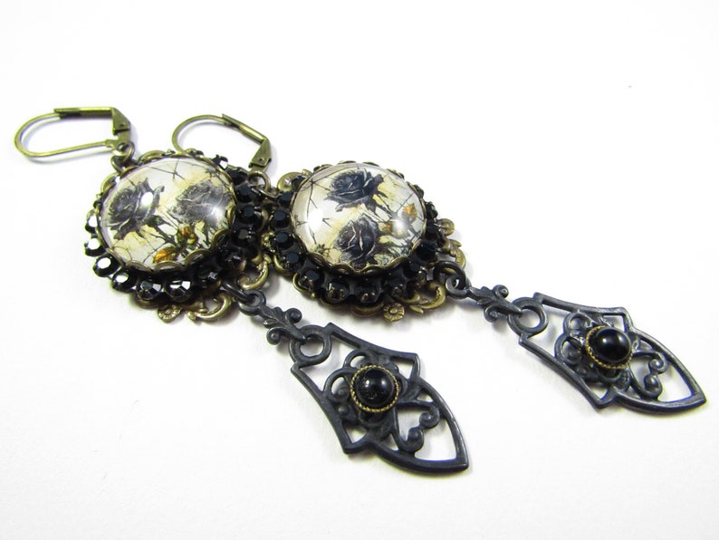 Dark Academia Collection Black Roses Stained Glass Earrings w/Black Rhinestone Bezels and Black Brass Connectors image 3