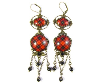 Scottish Tartan Jewelry Wallace Ancient Clan Tartan Statement Chatelaine Cascade Chandelier Earrings w/Mystic Black Swarovski Crystal Pearls