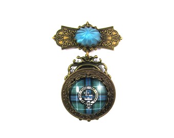 Scottish Tartan Jewelry MacDonald of the Isles Clan Motto Embossed Medallion Bar Brooch w/Fluted Domed Vintage Light Sapphire Givre Glass