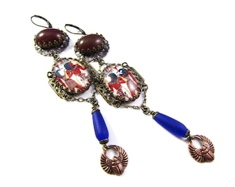 Diva Collection OOAK Statement Jewelry Egyptian Prince Earrings w/Chocolate Carnelian Glass Cobalt Teardrop Beads Winged Scarab Charms