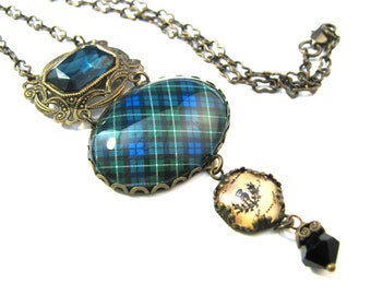 Scottish Tartan Jewelry Graham Ancient Ornate Filigree Embossed Necklace with Montana Blue Czech Glass Gem & Indigo Swarovksi Crystal Bead