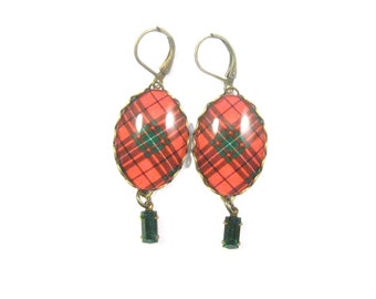 Scottish Tartan Jewelry Tartan Earrings MacCauley Clan Tartan Earrings with Emerald Green Czech Glass Baguettes
