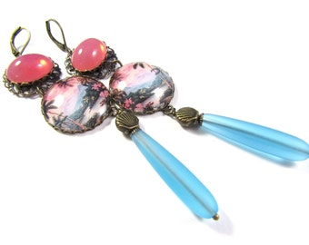 The Diva Collection OOAK Statement Jewelry Vintage Hawaiian Beach Earrings with Rose Opal Glass Cabs & Pacific Blue Sea Glass Teardrop Beads