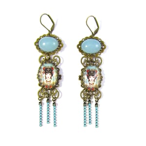 Statement Chaledony Blue and Aqua Vintage Art Geisha Earrings w/Aqua Rhinestone Cup Chain & Vintage Cherry Brand Chalcedony Blue Glass Gems