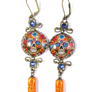 Sugar Skulls Dia de Los Muertos Earrings w/Sapphire Swarovski Crystal Rhinestones & Tangerine Gold Wash Czech Glass Floral Brick Beads image 2