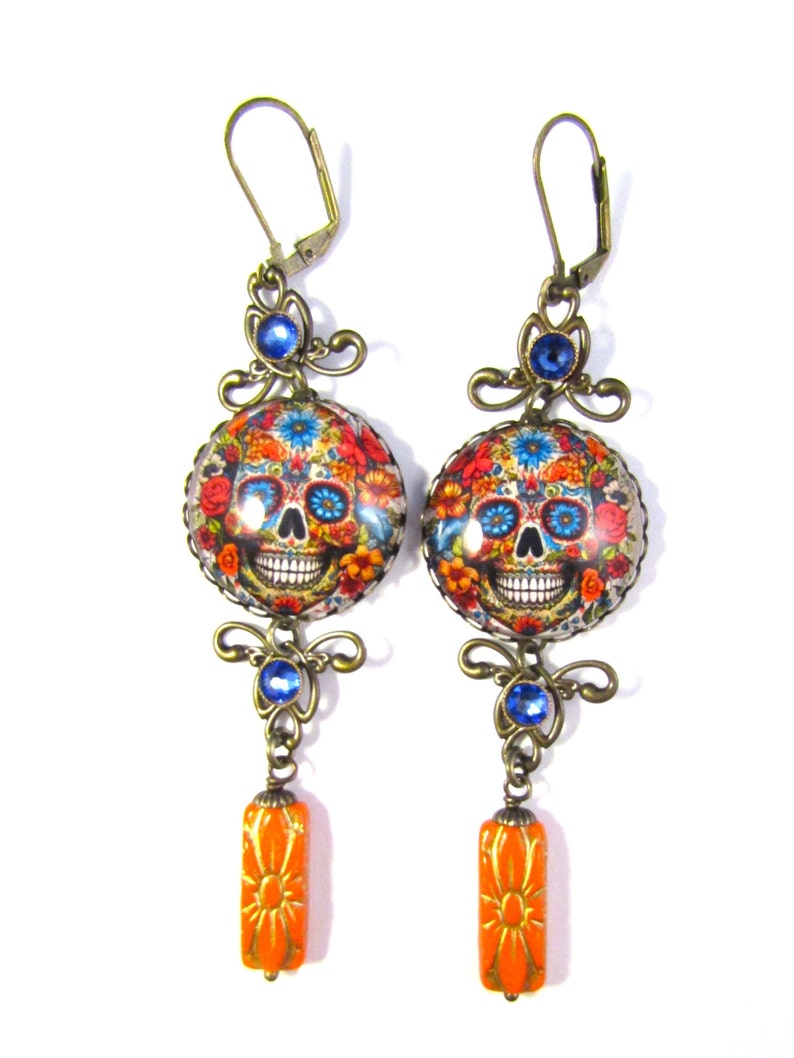 Sugar Skulls Dia de Los Muertos Earrings w/Sapphire Swarovski Crystal Rhinestones & Tangerine Gold Wash Czech Glass Floral Brick Beads image 2