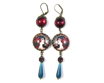 Art Nouveau Burgundy Diva Earrings with Peacock Blue Lucite Teardrop Beads & Garnet Floral and Smooth-Domed Czech Glass Gems